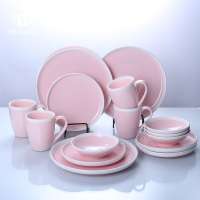 Modern living pink color porcelain tableware set 16pcs high temperature ceramic plate for wedding